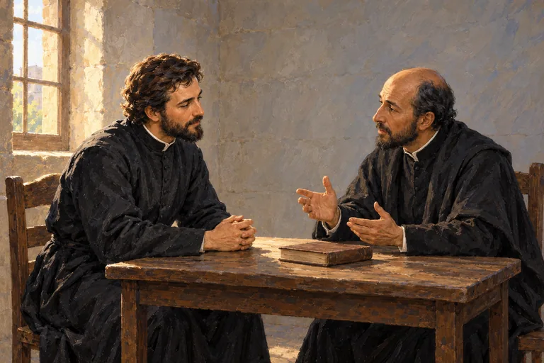 Illustration: A young man in a dark gown sits with bowed head and folded hands, listening to an older man in a plain room in Paris, lit by window light.