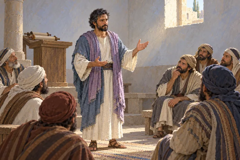 Illustration: Saulus stands and speaks in a simple Damascus synagogue while seated listeners look surprised.