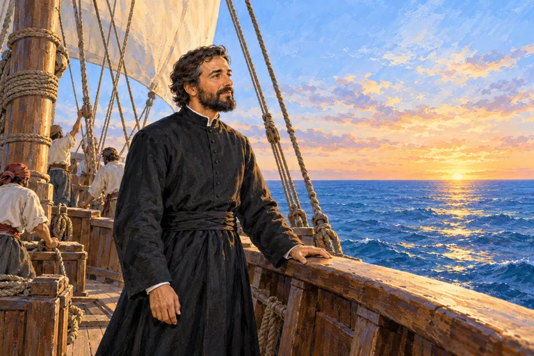 Illustration: A priest in a dark robe stands alone at the rail of an old sailing ship deck, looking over a calm sea at dawn.
