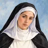 Ilustrasi: potret Katarina dari Siena dengan kerudung putih dan mantel hitam, wajah tenang menghadap pembaca pada latar biru pucat bertekstur gouache.