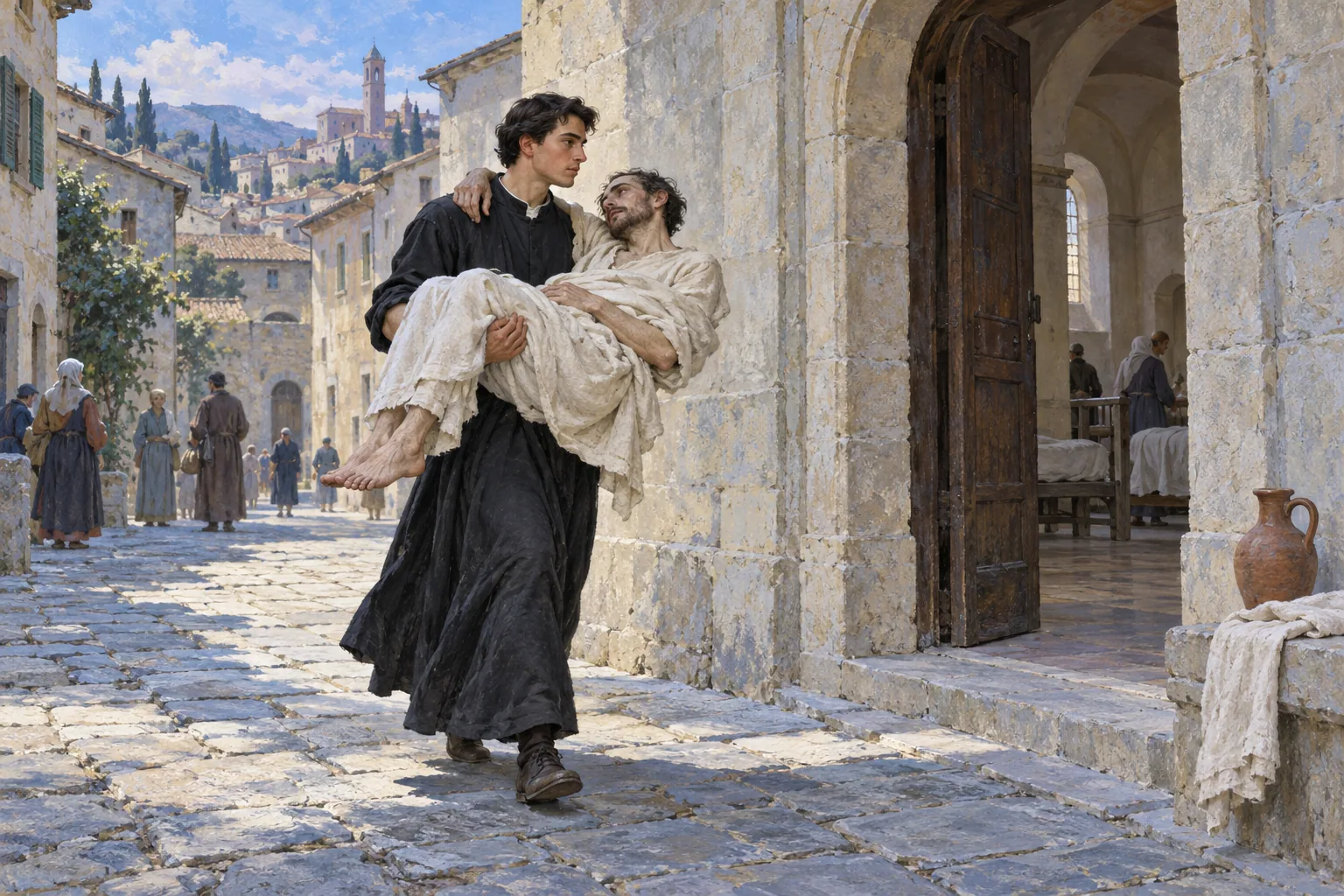 Ilustrasi: Aloysius Gonzaga berjubah gelap menggendong seorang pria sakit menuju pintu rumah sakit di jalan kota Italia.