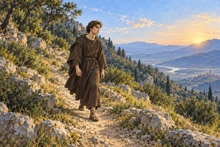 Ilustrasi: Benediktus muda berjalan sendiri di jalur tanah berbatu menuju perbukitan Italia saat fajar.