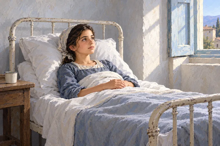Illustration: a young girl lies calmly in a simple iron hospital bed, hands folded on the blanket, lit by warm light from a window.